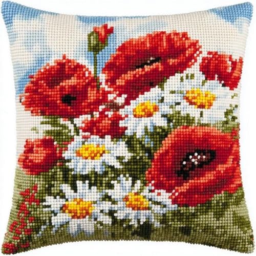 Pskgbxmu Gestempeltes Kreuzstich Kissen 45x45cm Blume DIY Kissen Stickerei Set für kreative Inneneinrichtung Handarbeitsset für erwachsene Anfänger von Pskgbxmu