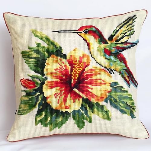 Pskgbxmu Gestempeltes Kreuzstich Kissen 45x45cm Blume Vogel DIY Kissen Stickerei Set für kreative Inneneinrichtung Handarbeitsset für erwachsene Anfänger von Pskgbxmu