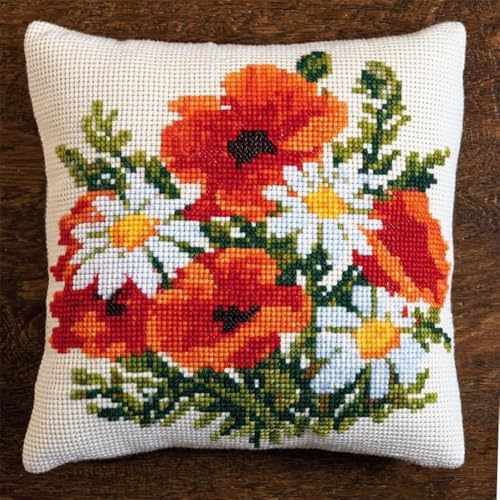 Pskgbxmu Gestempeltes Kreuzstich Kissen 45x45cm Blumen DIY Kissen Stickerei Set für kreative Inneneinrichtung Handarbeitsset für erwachsene Anfänger von Pskgbxmu