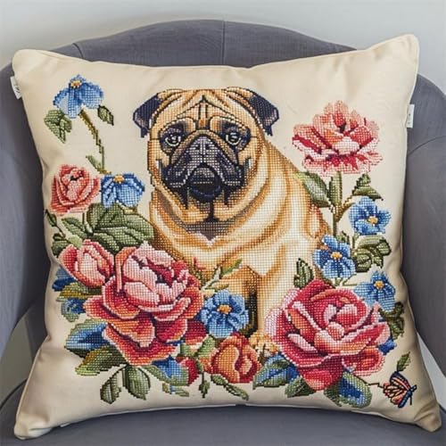Pskgbxmu Gestempeltes Kreuzstich Kissen 45x45cm Blumenhund DIY Kissen Stickerei Set für kreative Inneneinrichtung Handarbeitsset für erwachsene Anfänger von Pskgbxmu