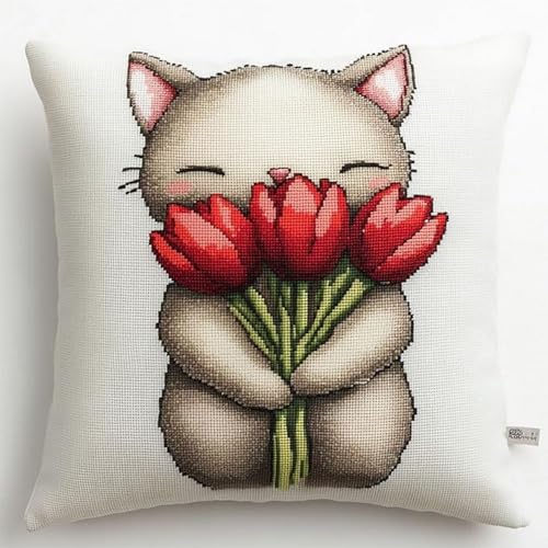 Pskgbxmu Gestempeltes Kreuzstich Kissen 45x45cm Blumenkatze DIY Kissen Stickerei Set für kreative Inneneinrichtung Handarbeitsset für erwachsene Anfänger von Pskgbxmu