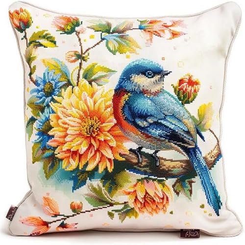 Pskgbxmu Gestempeltes Kreuzstich Kissen 45x45cm Blumenvogel DIY Kissen Stickerei Set für kreative Inneneinrichtung Handarbeitsset für erwachsene Anfänger von Pskgbxmu