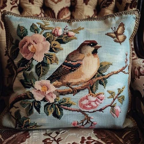 Pskgbxmu Gestempeltes Kreuzstich Kissen 45x45cm Blumenzweigvogel DIY Kissen Stickerei Set für kreative Inneneinrichtung Handarbeitsset für erwachsene Anfänger von Pskgbxmu