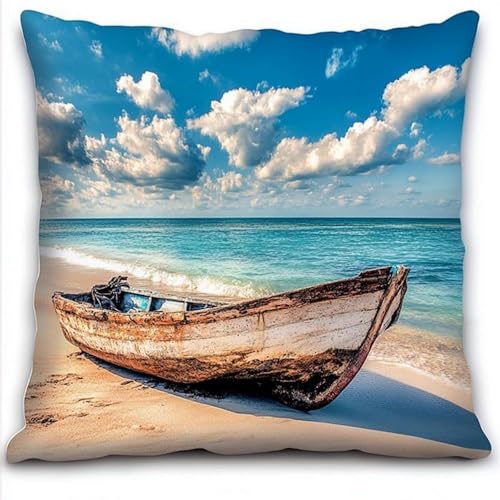 Pskgbxmu Gestempeltes Kreuzstich Kissen 45x45cm Bootstrand DIY Kissen Stickerei Set für kreative Inneneinrichtung Handarbeitsset für erwachsene Anfänger von Pskgbxmu