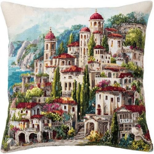 Pskgbxmu Gestempeltes Kreuzstich Kissen 45x45cm Buntes Schloss DIY Kissen Stickerei Set für kreative Inneneinrichtung Handarbeitsset für erwachsene Anfänger von Pskgbxmu