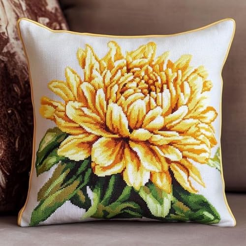 Pskgbxmu Gestempeltes Kreuzstich Kissen 45x45cm Chrysantheme DIY Kissen Stickerei Set für kreative Inneneinrichtung Handarbeitsset für erwachsene Anfänger von Pskgbxmu