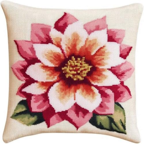 Pskgbxmu Gestempeltes Kreuzstich Kissen 45x45cm Dahlie DIY Kissen Stickerei Set für kreative Inneneinrichtung Handarbeitsset für erwachsene Anfänger von Pskgbxmu