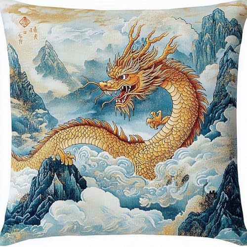 Pskgbxmu Gestempeltes Kreuzstich Kissen 45x45cm Drache in den Wolken DIY Kissen Stickerei Set für kreative Inneneinrichtung Handarbeitsset für erwachsene Anfänger von Pskgbxmu