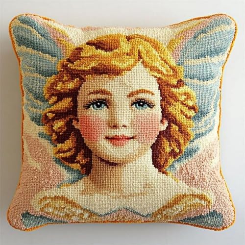 Pskgbxmu Gestempeltes Kreuzstich Kissen 45x45cm Engelmädchen DIY Kissen Stickerei Set für kreative Inneneinrichtung Handarbeitsset für erwachsene Anfänger von Pskgbxmu