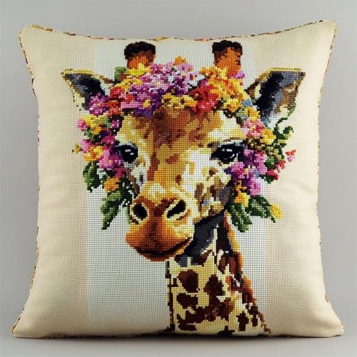 Pskgbxmu Gestempeltes Kreuzstich Kissen 45x45cm Giraffe DIY Kissen Stickerei Set für kreative Inneneinrichtung Handarbeitsset für erwachsene Anfänger von Pskgbxmu