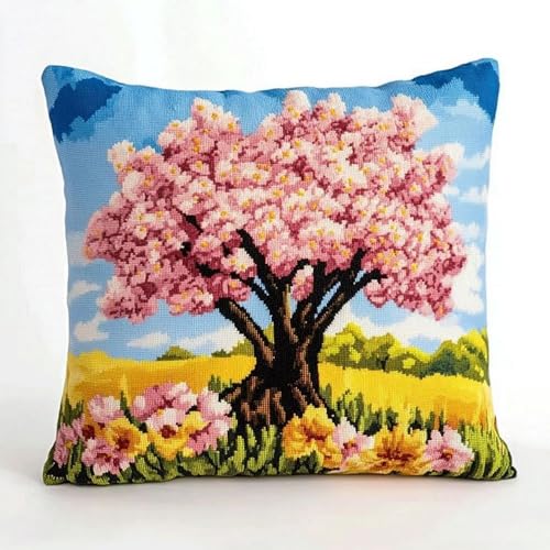 Pskgbxmu Gestempeltes Kreuzstich Kissen 45x45cm Großer Baum DIY Kissen Stickerei Set für kreative Inneneinrichtung Handarbeitsset für erwachsene Anfänger von Pskgbxmu
