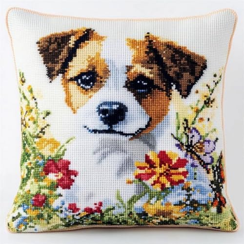 Pskgbxmu Gestempeltes Kreuzstich Kissen 45x45cm Haustierhund DIY Kissen Stickerei Set für kreative Inneneinrichtung Handarbeitsset für erwachsene Anfänger von Pskgbxmu