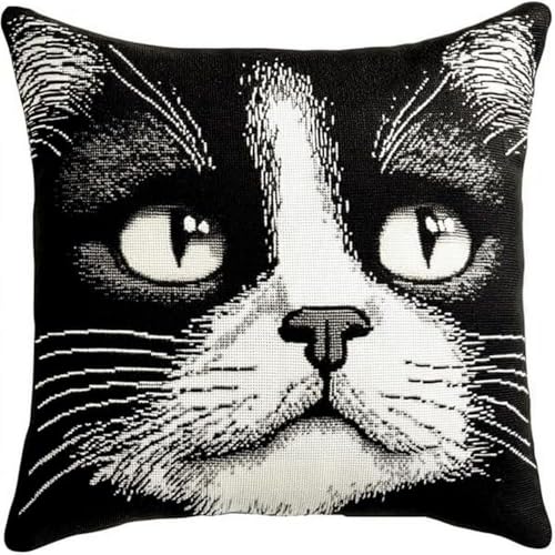 Pskgbxmu Gestempeltes Kreuzstich Kissen 45x45cm Katzengesicht DIY Kissen Stickerei Set für kreative Inneneinrichtung Handarbeitsset für erwachsene Anfänger von Pskgbxmu