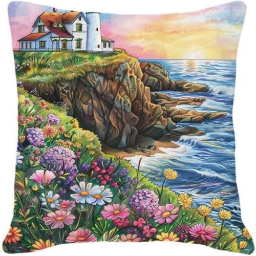 Pskgbxmu Gestempeltes Kreuzstich Kissen 45x45cm Leuchtturm am Meer DIY Kissen Stickerei Set für kreative Inneneinrichtung Handarbeitsset für erwachsene Anfänger von Pskgbxmu