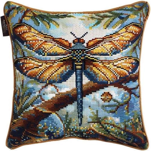 Pskgbxmu Gestempeltes Kreuzstich Kissen 45x45cm Libellenwald DIY Kissen Stickerei Set für kreative Inneneinrichtung Handarbeitsset für erwachsene Anfänger von Pskgbxmu