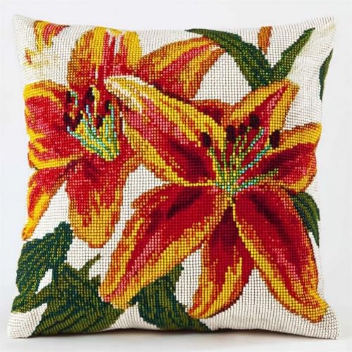 Pskgbxmu Gestempeltes Kreuzstich Kissen 45x45cm Lilie DIY Kissen Stickerei Set für kreative Inneneinrichtung Handarbeitsset für erwachsene Anfänger von Pskgbxmu