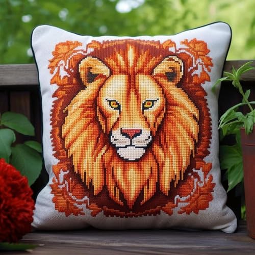 Pskgbxmu Gestempeltes Kreuzstich Kissen 45x45cm Löwe DIY Kissen Stickerei Set für kreative Inneneinrichtung Handarbeitsset für erwachsene Anfänger Pskgbxmu Gestempeltes Kreuzstich Kissen 45x45cm Löwe DIY Kissen Stickerei Set für kreative Inneneinrichtung Handarbeitsset für erwachsene Anfänger von Pskgbxmu