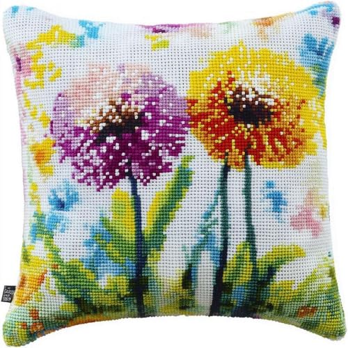 Pskgbxmu Gestempeltes Kreuzstich Kissen 45x45cm Löwenzahn DIY Kissen Stickerei Set für kreative Inneneinrichtung Handarbeitsset für erwachsene Anfänger von Pskgbxmu
