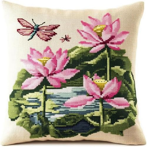 Pskgbxmu Gestempeltes Kreuzstich Kissen 45x45cm Lotus DIY Kissen Stickerei Set für kreative Inneneinrichtung Handarbeitsset für erwachsene Anfänger von Pskgbxmu