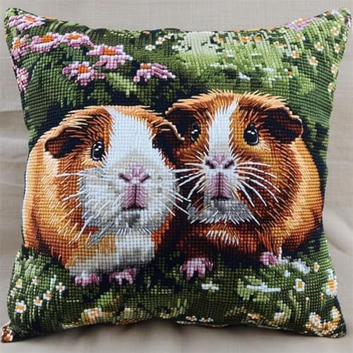 Pskgbxmu Gestempeltes Kreuzstich Kissen 45x45cm Meerschweinchen DIY Kissen Stickerei Set für kreative Inneneinrichtung Handarbeitsset für erwachsene Anfänger von Pskgbxmu