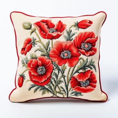 Pskgbxmu Gestempeltes Kreuzstich Kissen 45x45cm Mohn DIY Kissen Stickerei Set für kreative Inneneinrichtung Handarbeitsset für erwachsene Anfänger von Pskgbxmu
