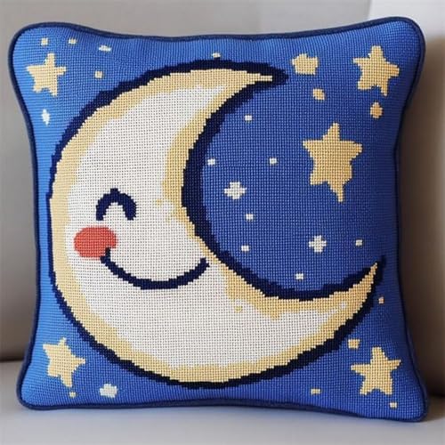 Pskgbxmu Gestempeltes Kreuzstich Kissen 45x45cm Mondstern DIY Kissen Stickerei Set für kreative Inneneinrichtung Handarbeitsset für erwachsene Anfänger von Pskgbxmu