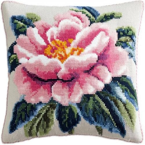 Pskgbxmu Gestempeltes Kreuzstich Kissen 45x45cm Pfingstrose DIY Kissen Stickerei Set für kreative Inneneinrichtung Handarbeitsset für erwachsene Anfänger von Pskgbxmu
