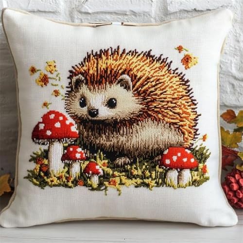 Pskgbxmu Gestempeltes Kreuzstich Kissen 45x45cm Pilz-Igel DIY Kissen Stickerei Set für kreative Inneneinrichtung Handarbeitsset für erwachsene Anfänger von Pskgbxmu