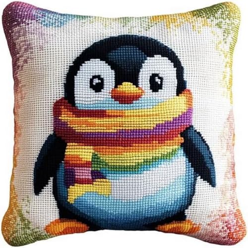 Pskgbxmu Gestempeltes Kreuzstich Kissen 45x45cm Pinguin DIY Kissen Stickerei Set für kreative Inneneinrichtung Handarbeitsset für erwachsene Anfänger von Pskgbxmu