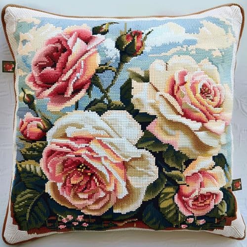 Pskgbxmu Gestempeltes Kreuzstich Kissen 45x45cm Rose DIY Kissen Stickerei Set für kreative Inneneinrichtung Handarbeitsset für erwachsene Anfänger von Pskgbxmu