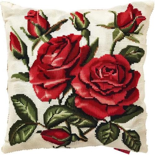 Pskgbxmu Gestempeltes Kreuzstich Kissen 45x45cm Rote Blume DIY Kissen Stickerei Set für kreative Inneneinrichtung Handarbeitsset für erwachsene Anfänger von Pskgbxmu