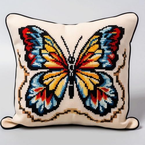 Pskgbxmu Gestempeltes Kreuzstich Kissen 45x45cm Schmetterling DIY Kissen Stickerei Set für kreative Inneneinrichtung Handarbeitsset für erwachsene Anfänger von Pskgbxmu
