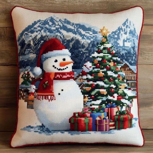Pskgbxmu Gestempeltes Kreuzstich Kissen 45x45cm Schneemann DIY Kissen Stickerei Set für kreative Inneneinrichtung Handarbeitsset für erwachsene Anfänger von Pskgbxmu