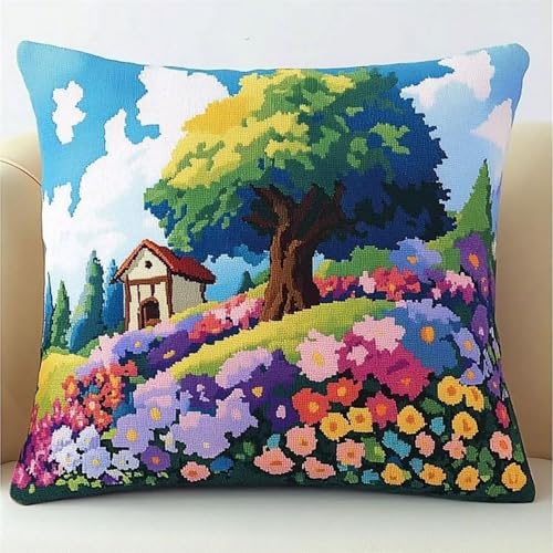 Pskgbxmu Gestempeltes Kreuzstich Kissen 45x45cm Schöne Landschaft DIY Kissen Stickerei Set für kreative Inneneinrichtung Handarbeitsset für erwachsene Anfänger von Pskgbxmu