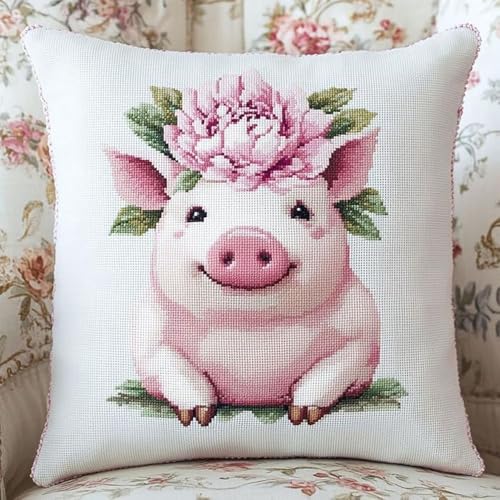 Pskgbxmu Gestempeltes Kreuzstich Kissen 45x45cm Schönes Schwein DIY Kissen Stickerei Set für kreative Inneneinrichtung Handarbeitsset für erwachsene Anfänger von Pskgbxmu