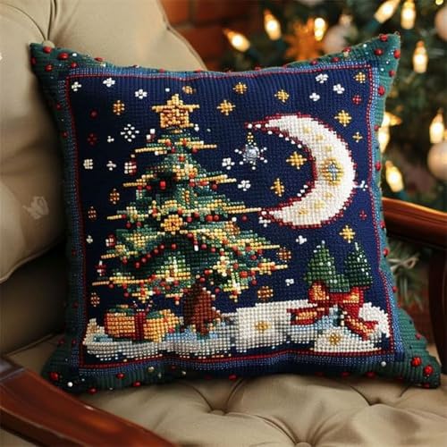 Pskgbxmu Gestempeltes Kreuzstich Kissen 45x45cm Sternenhimmel Weihnachtsbaum DIY Kissen Stickerei Set für kreative Inneneinrichtung Handarbeitsset für erwachsene Anfänger von Pskgbxmu
