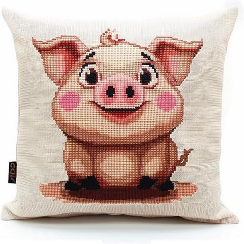 Pskgbxmu Gestempeltes Kreuzstich Kissen 45x45cm Süßes Schwein DIY Kissen Stickerei Set für kreative Inneneinrichtung Handarbeitsset für erwachsene Anfänger von Pskgbxmu