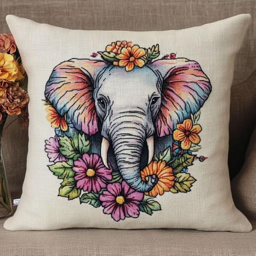 Pskgbxmu Gestempeltes Kreuzstich Kissen 45x45cm Tier Elefant DIY Kissen Stickerei Set für kreative Inneneinrichtung Handarbeitsset für erwachsene Anfänger von Pskgbxmu