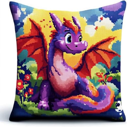 Pskgbxmu Gestempeltes Kreuzstich Kissen 45x45cm Tierdrache DIY Kissen Stickerei Set für kreative Inneneinrichtung Handarbeitsset für erwachsene Anfänger von Pskgbxmu