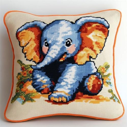 Pskgbxmu Gestempeltes Kreuzstich Kissen 45x45cm Tierelefant DIY Kissen Stickerei Set für kreative Inneneinrichtung Handarbeitsset für erwachsene Anfänger von Pskgbxmu