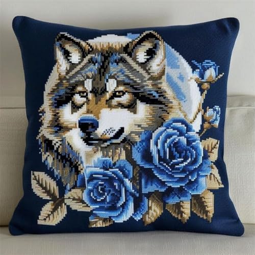 Pskgbxmu Gestempeltes Kreuzstich Kissen 45x45cm Tierwolf DIY Kissen Stickerei Set für kreative Inneneinrichtung Handarbeitsset für erwachsene Anfänger von Pskgbxmu