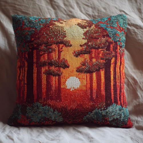 Pskgbxmu Gestempeltes Kreuzstich Kissen 45x45cm Wald im Sonnenuntergang DIY Kissen Stickerei Set für kreative Inneneinrichtung Handarbeitsset für erwachsene Anfänger von Pskgbxmu