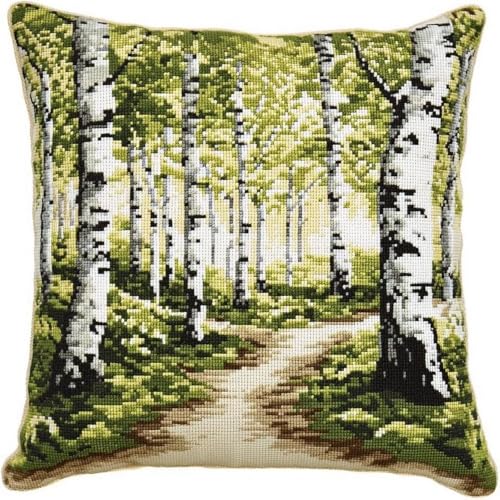 Pskgbxmu Gestempeltes Kreuzstich Kissen 45x45cm Waldweg DIY Kissen Stickerei Set für kreative Inneneinrichtung Handarbeitsset für erwachsene Anfänger von Pskgbxmu