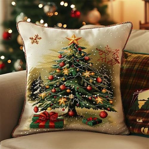 Pskgbxmu Gestempeltes Kreuzstich Kissen 45x45cm Weihnachtsbaum DIY Kissen Stickerei Set für kreative Inneneinrichtung Handarbeitsset für erwachsene Anfänger von Pskgbxmu