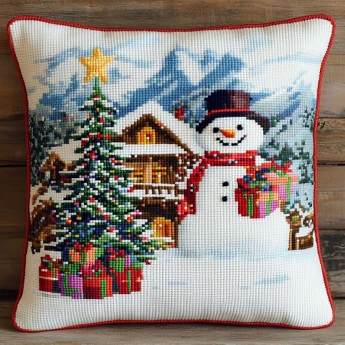Pskgbxmu Gestempeltes Kreuzstich Kissen 45x45cm Weihnachtsbaum Schneemann DIY Kissen Stickerei Set für kreative Inneneinrichtung Handarbeitsset für erwachsene Anfänger von Pskgbxmu