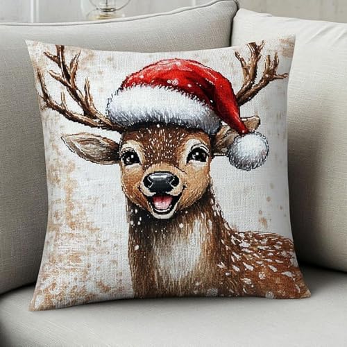 Pskgbxmu Gestempeltes Kreuzstich Kissen 45x45cm Weihnachtshirsch DIY Kissen Stickerei Set für kreative Inneneinrichtung Handarbeitsset für erwachsene Anfänger von Pskgbxmu