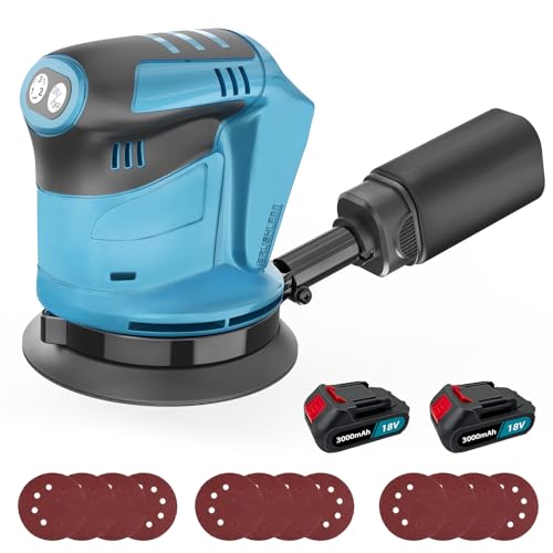 Akku Exzenterschleifer 125mm, Ersatz für Makita DBO180Z, Kabellose Elektroschleifer mit 2 x 3000mAh Akku und Ladegerät, 12 Schleifpapier, 3 Leistungsstufe, für Holzbearbeitung, Metallbearbeitung von Psogpone