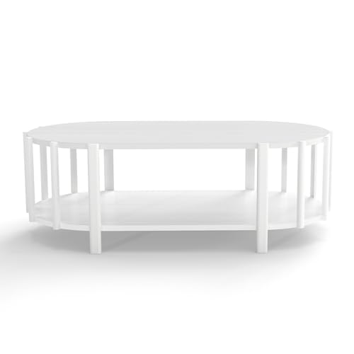 Pssopp Couchtisch, 2 Ebenen Ovale Form Eleganter und Moderner Wohnzimmer Kleiner Mittelplatte mit Stauraum für Wohnungsort Wohnung (White) von Pssopp