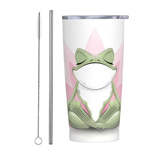 Psvod Niedlicher lustiger Frosch Yoga-Becher mit Deckel und Trinkhalmen, Edelstahl, isolierte Kaffeetasse, Reise-Kaffeetasse, 590 ml, für Frauen und Mädchen von Psvod