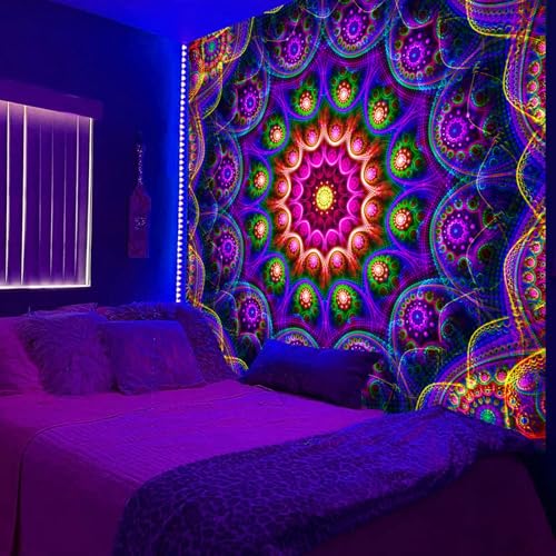 Psyhilar Blacklight Trippy Mandala Tapisserie für Schlafzimmer Wandbehang Hippie Boho Schwarzlicht Poster für Erwachsene (152,4 x 127,7 cm) von Psyhilar